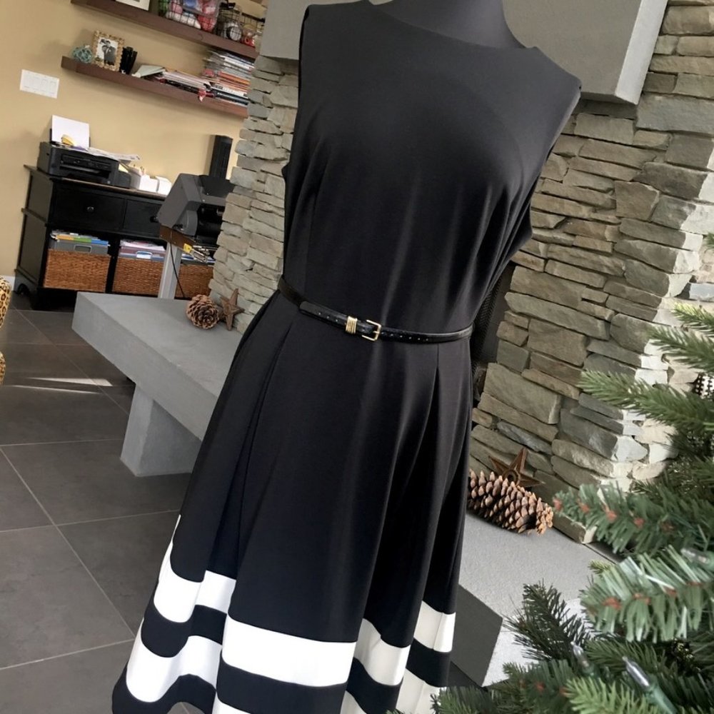 Calvin Klein Black and White Fit-and-Flare Midi Dress